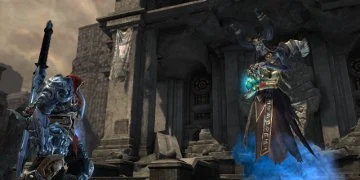 The player's character, looking to a hovering adversary