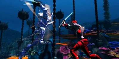 Two heroes swing towards each other with their weapons