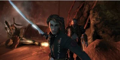 A character, facing the 'camera', wielding a sword