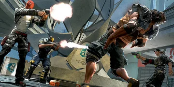 A two-on-two firefight, with on character falling down after being shot