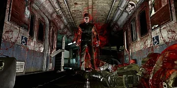 An enemy, standing over the player, in a menacing manor