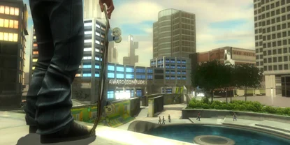 A view of a skating area, from a camera placed near a boarder's feet