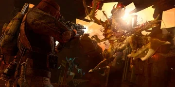 A soldier firing at a huge, horrific creature