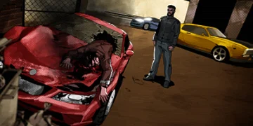 A red car, crashed into a wall in a cutscene