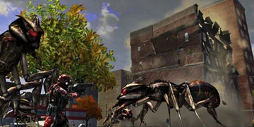 A soldier, bravely taking on two large, ant-like creatures