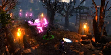 A small conflict ensues in a dark, forest environment