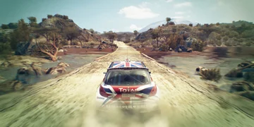 The player, racing a Peugeot 207 across a swampland environment
