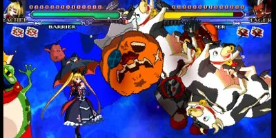 A female character, dressed in black, stand by a strange arrangement of cows, with a pumpkin next to them...