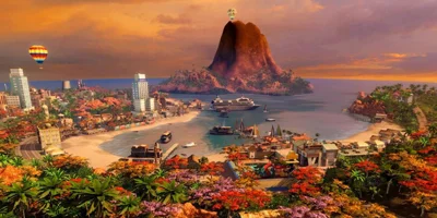 Vue panoramique d'une ville, devant une grande montagne, émergeant de la mer