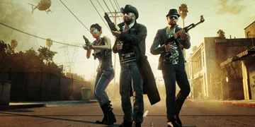 Three armed characters, walking down a street together