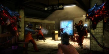 The player, approaching a gun-fight with a monster either side of them