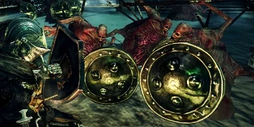 A group of skeleton-like creatures, holding shields, confront the player