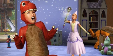 A sim, dressed as a fairy, acting towards another Sim dressed as a Dinosaur