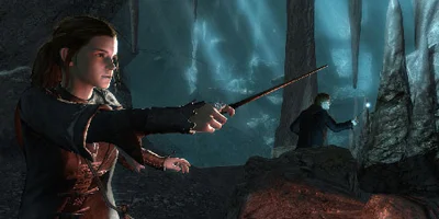 Hermione Grainger, pointing her wand purposefully