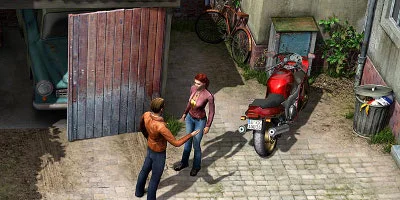 Two characters meeting outside a house