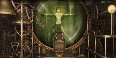 A green chamber with a human body inside