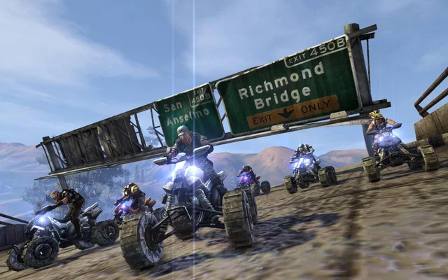 bikers under broken traffic sign