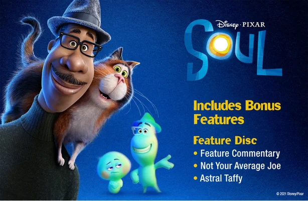 Bannière faisant la promotion de Soul. Le texte sur la bannière indique Disney Pixar Soul. Comprend des fonctionnalités bonus. Disque de fonction. Commentaire de fonctionnalité, Pas votre Joe moyen, Astral Taffy