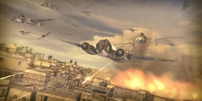 German bombers being attacked over a city during a mission