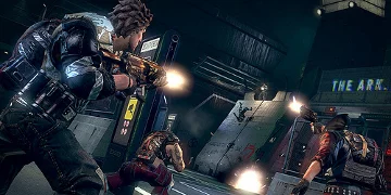 A group of soldiers, firing at a pair of enemies