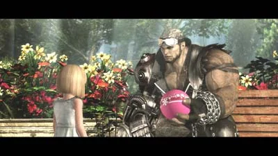 giant man with pink handing back a little pink ball to a young girl