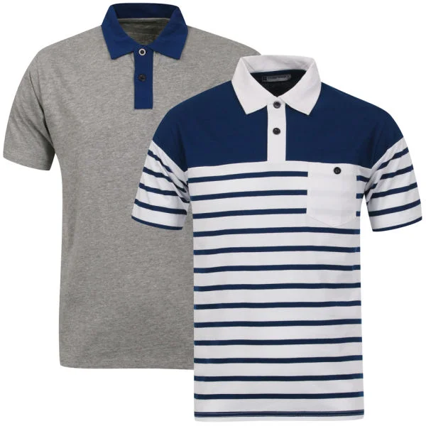 Tom Frank Men's 2-Pack Polo Shirt - Grey Marl Solid & Navy Stripe - S Image 1
