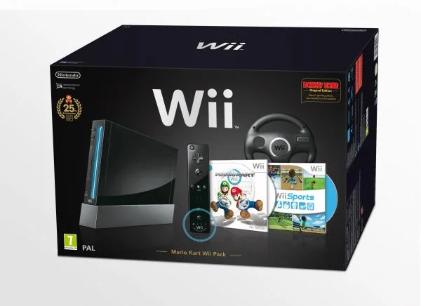 Black Wii Console Bundle: With Wii Motion Plus Controller, Mario Kart, Black Steering Wheel and Wii Sports Image 1