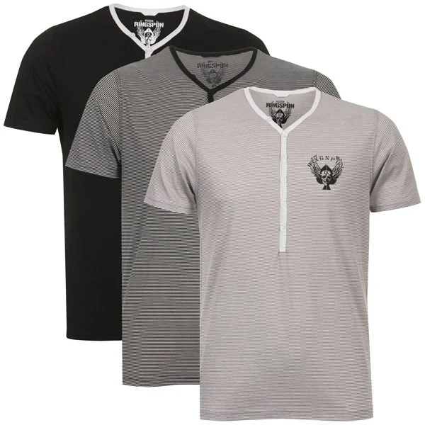 Ringspun Men's 3-Pack Meteor Short Sleeve Grandad T-Shirt - Black Striped/Black/Grey Striped - S Image 1