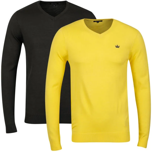 Brave Soul Men's 2 Pack V Neck Knit - Lemon & Charcoal Marl - S - Lemon / Charcoal Image 1
