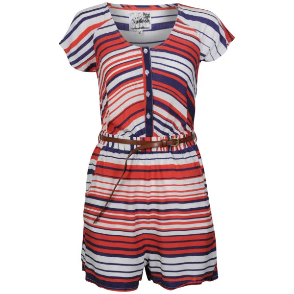 Sakura Women's Playsuit with Belt - Coral/White/Navy Stripe - 8 - Coral/White/Navy Stripe Image 1