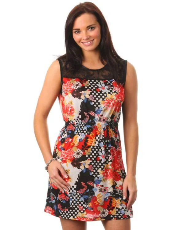 Iska Ladies Lace Panel Dress with Red Pattern - Black - S - Noir Image 1