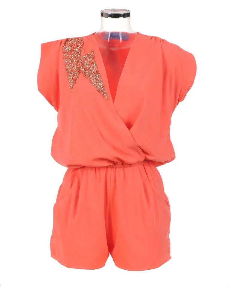 Liquorish Sequin Embelishment Playsuit - Coral/Gold - S - Doré Image 1