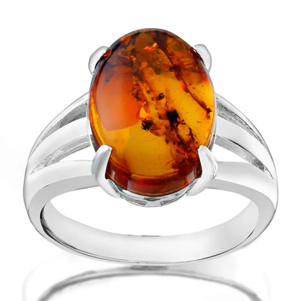 Bague Plaquée Argent et Ambre Ovale - J Image 1