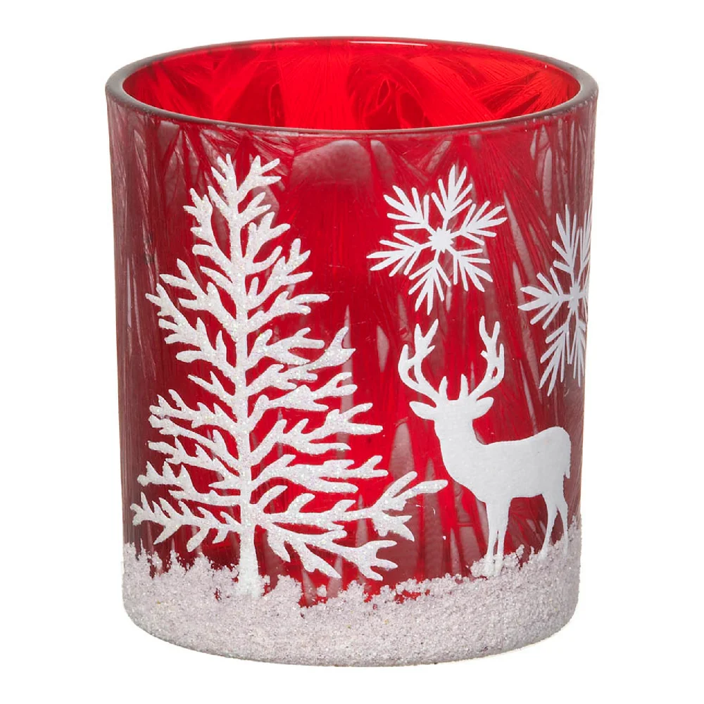 Parlane Winter Forest Glass Tealight Holder - Red (8 x 7.5cm) Image 1