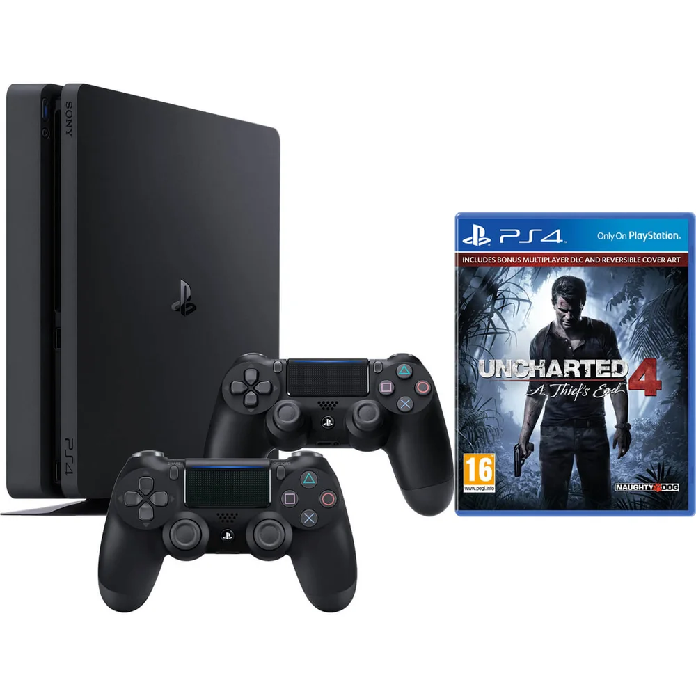 Sony Playstation 4 Slim 500GB Console with Uncharted 4 and DualShock 4 Controller V2 – Black Image 1