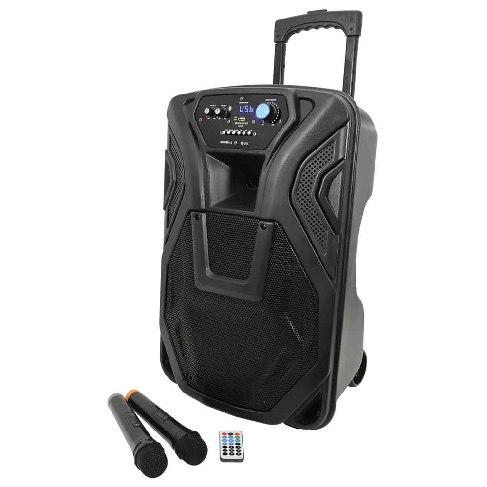 QTX Busker Bluetooth PA System with 2x VHF Mics and Built-in Trolley - Black (12 Inch Driver) Image 1
