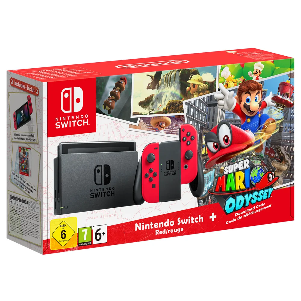 Nintendo Switch avec Manettes Rouges Joy-Con + Super Mario Odyssey Image 1