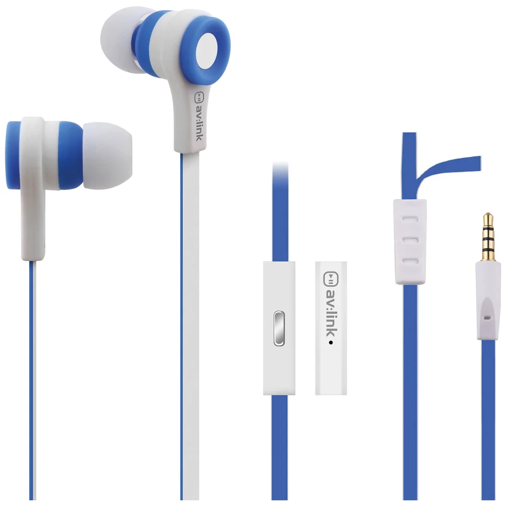AV: Link Rubberised Tangle Free Cable Earphones with Mic - White/Blue Image 1