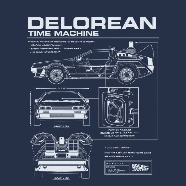 T-Shirt Femme Retour vers le Futur - Schéma de la DeLorean - Bleu Marine