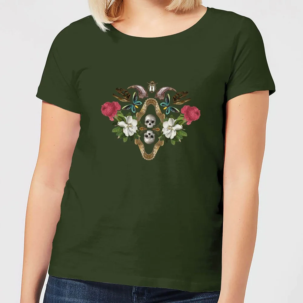 T-Shirt Femme Tête de Mort et Fleurs - Natural History Museum - Vert - S - Forest Green Image 1