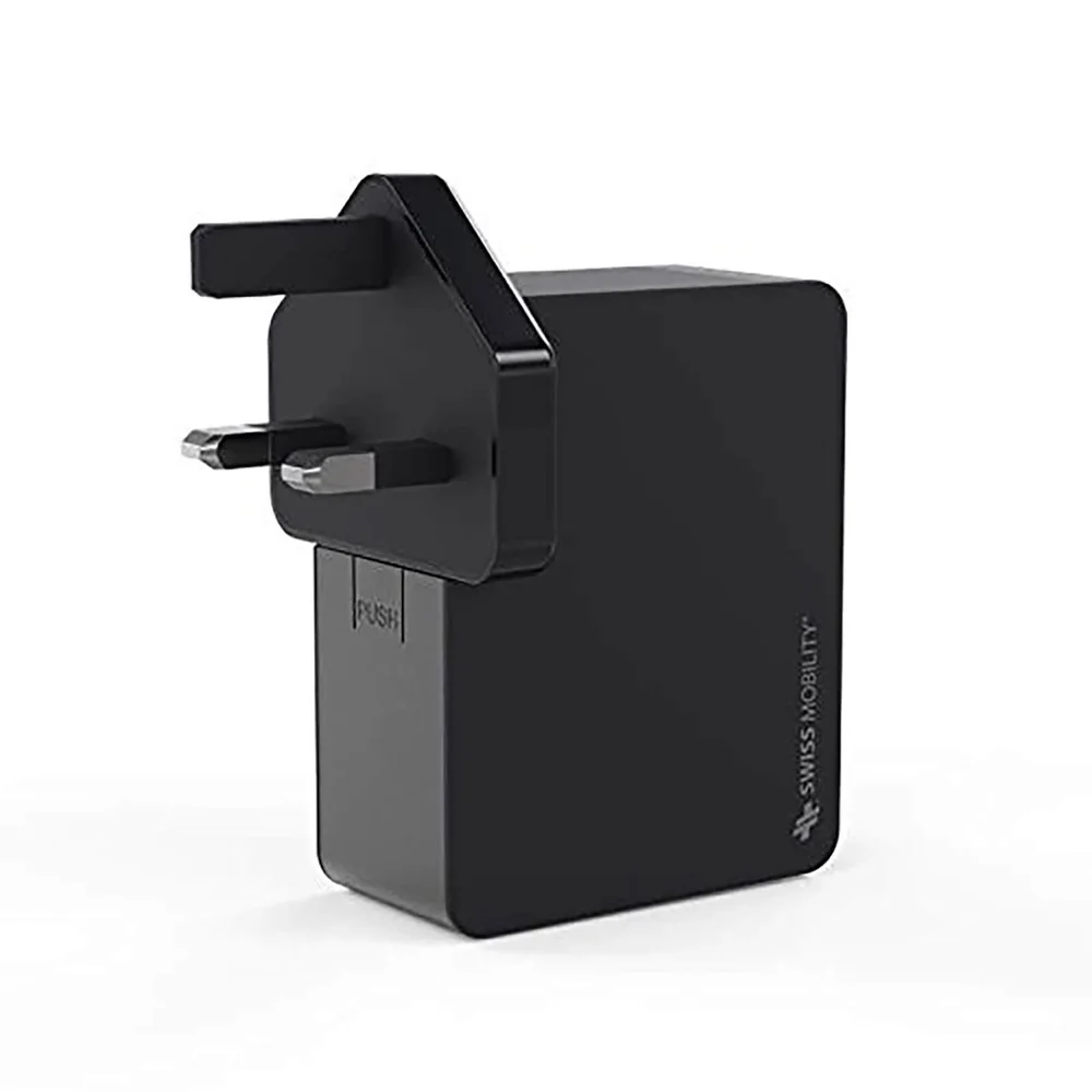Swiss Mobility 4-Port 4.8A Multi Device Wall Charger with Worldwide Plugs - Black Image 1