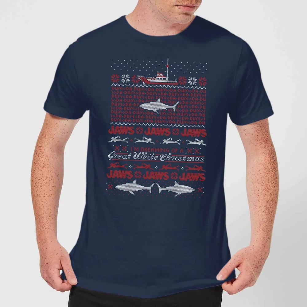 T-Shirt de Noël Homme Grand Requin Blanc Les Dents de La Mer - Bleu Marine - S Image 1