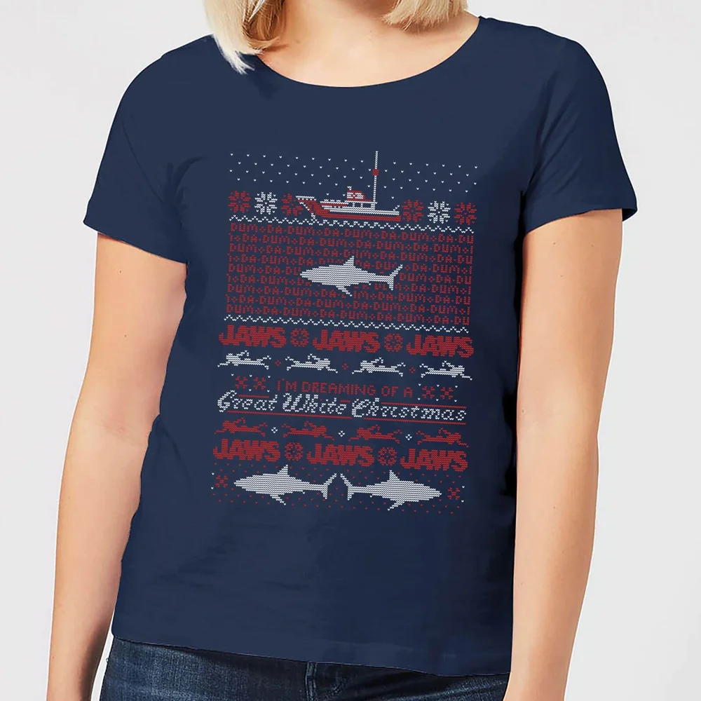 T-Shirt de Noël Femme Grand Requin Blanc Les Dents de La Mer - Bleu Marine - S Image 1