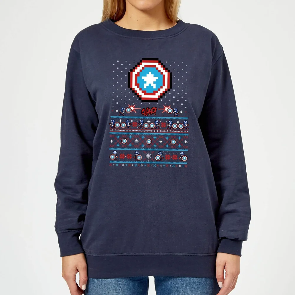 Marvel Avengers Captain America Pixel Art Pull de Noël Femme - Bleu Marine - XS Image 1