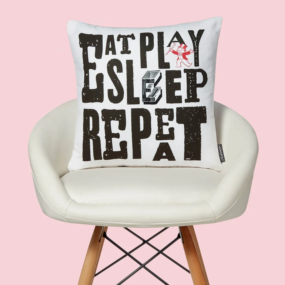 Monopoly Eat Sleep Play Repeat Square Cushion - 40x40cm - Soft Touch Image 1