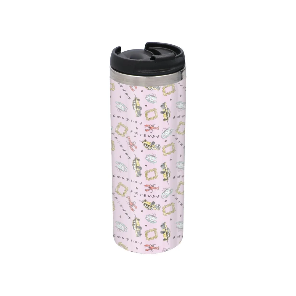 Friends Pattern Warm Tone Stainless Steel Thermo Travel Mug - Metallic Finish Image 1