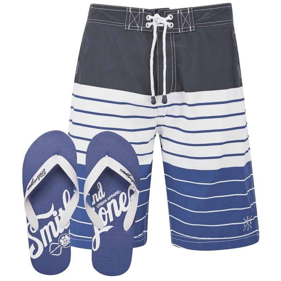 Smith & Jones Men's Shore Board Shorts with Free Flip Flops - Navy - S - Bleu Image 1