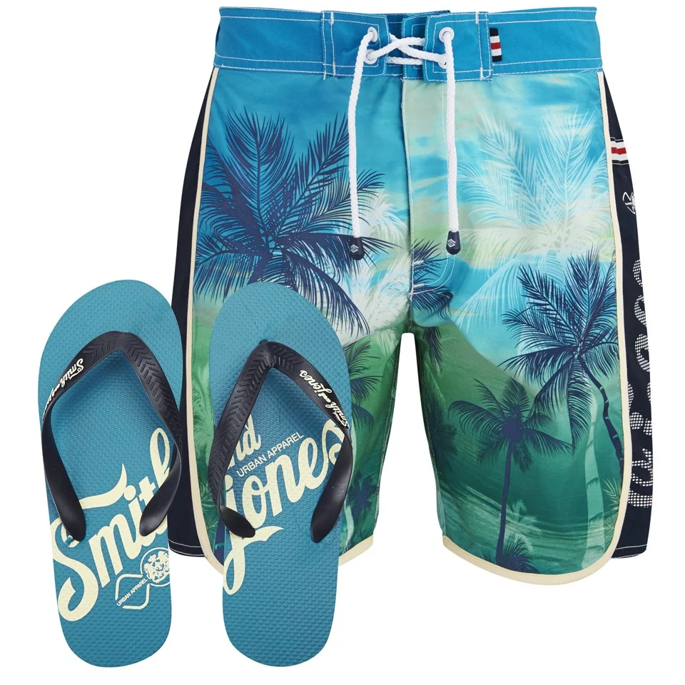 Smith & Jones Men's Kokomo Board Shorts with Free Flip Flops - Algiers Blue - S - Blanc Image 1