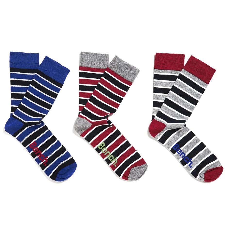 Bench Men's 3-Pack Striped Socks - Red/Grey/Blue - UK 7-11 - Red/Grey/Blue Image 1