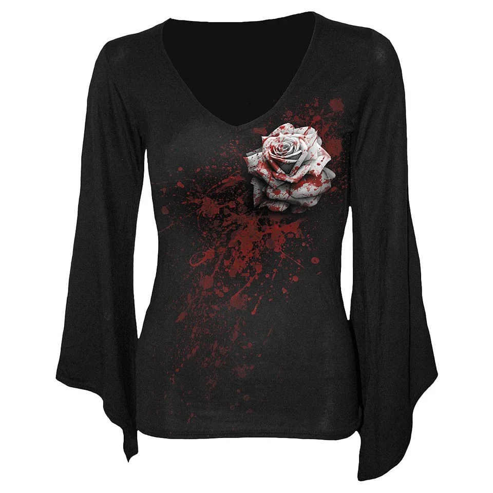 Spiral Women's WHITE ROSE V Neck Goth Sleeve Top - Black - M - Noir Image 1